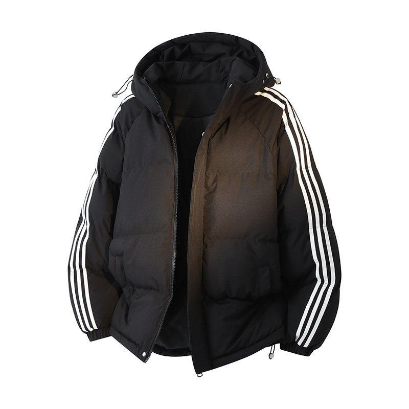 Dongjie No Logo Flus Winter Striped Five-Proof Stand Collar Fleece-Lined Thick Cotton Clothing Couple Outfit Color-Blocking Jacket Black 3XL