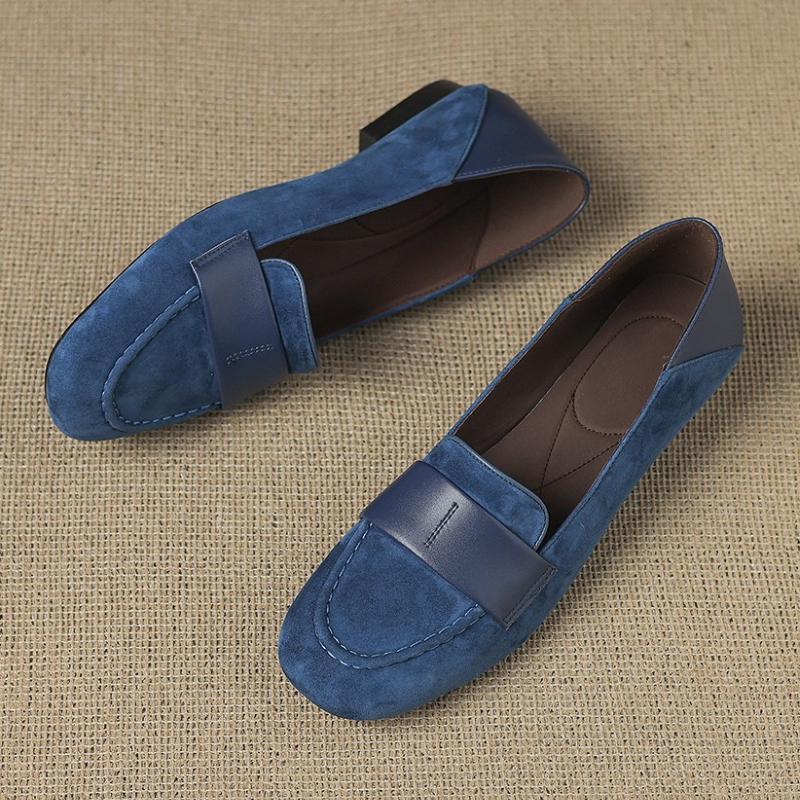 Retro Round Toe Faux Suede Low Heel Pumps Women Fashion Sewing Patchwork Design Loafers Elegant Comfort Commuting Office Shoes