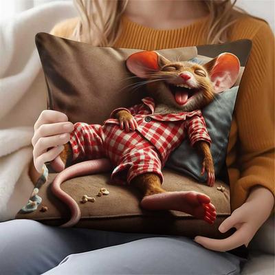 1pc Cartoon Mouse Pattern Pillowcase, Fun Quirky Animal Illustration Cushion Cover, Zipper Closure - Machine Washable - Suitable for Living Room Sofa 
