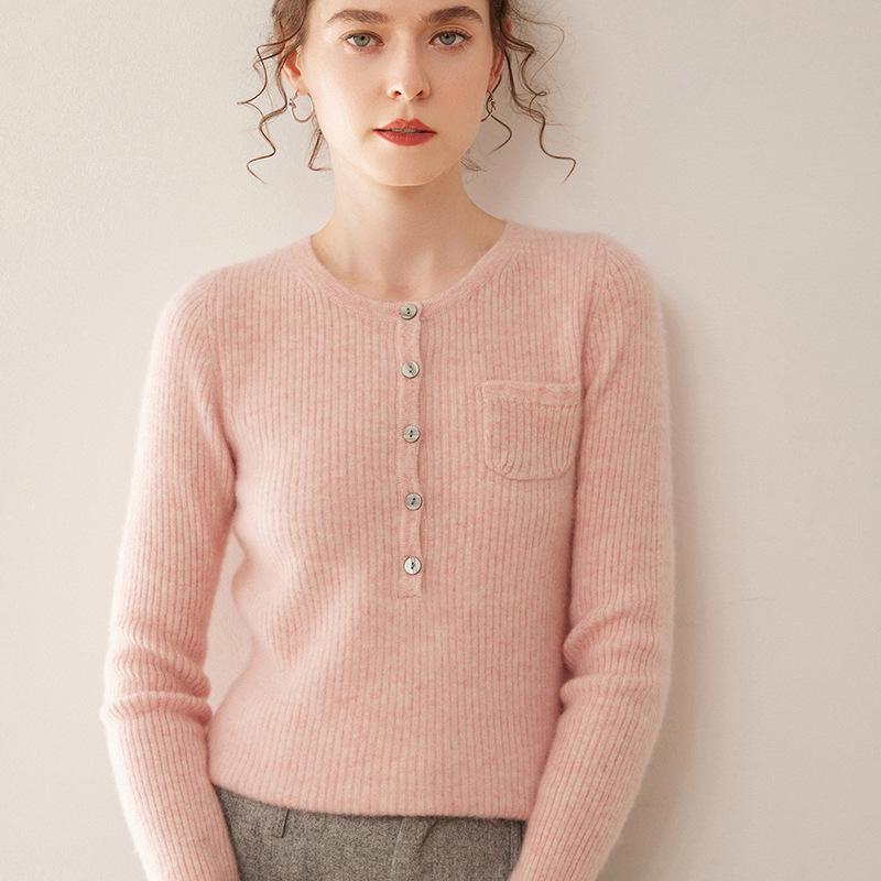 Women's Cashmere Ribbed Pullover Sweater – Round Neck with Buttons and Pockets, Autumn/Winter Collection