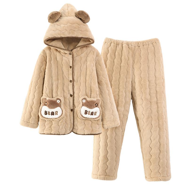 Winter three-layer padded coral fleece pajamas women's winter thickened hooded warm flannel cartoon loungewear women's