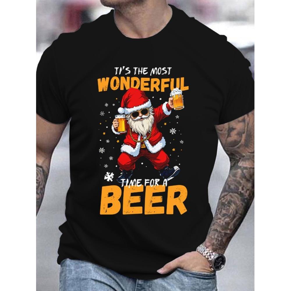 Santa Beer Christmas Graphic T-Shirt,Soft Breathable & Fade-Resistant, Classic Fit for Daily Casual Wear