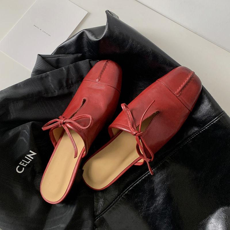 Fashion New Summer Women Mules Genuine Leather Shoes for Women Square Toe Chunky Heel Modern Sandals Cover Toe Lace-up Women Slippers