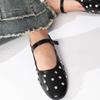 Sheepskin spring and summer new fashionable versatile one-word with rivet buckle leather soft Mary Jane ballet single shoes women