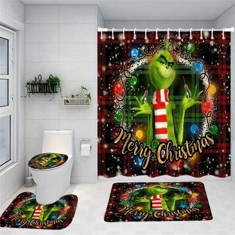 Frohe Weihnachten Cartoon Duschvorhang Hexe Badezimmer-Sets Wasserdicht Rutschfest Badezimmerteppich WC-Abdeckung Mit 12 Haken Heimdeko