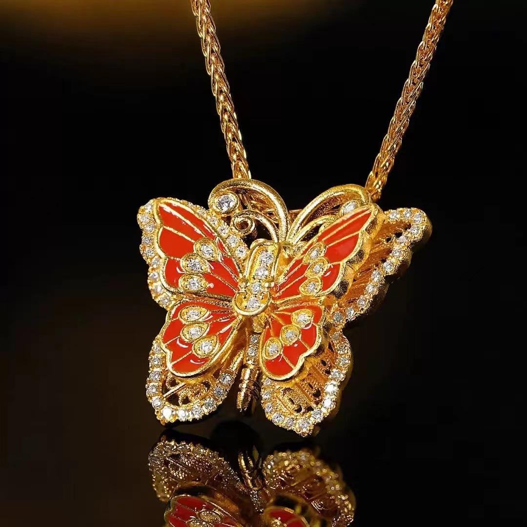 Court Style Diamond-set Zircon Retro Epoxy Silk Butterfly Pendant Diamond Necklace Temperament New Chinese Gold 2026 45CM