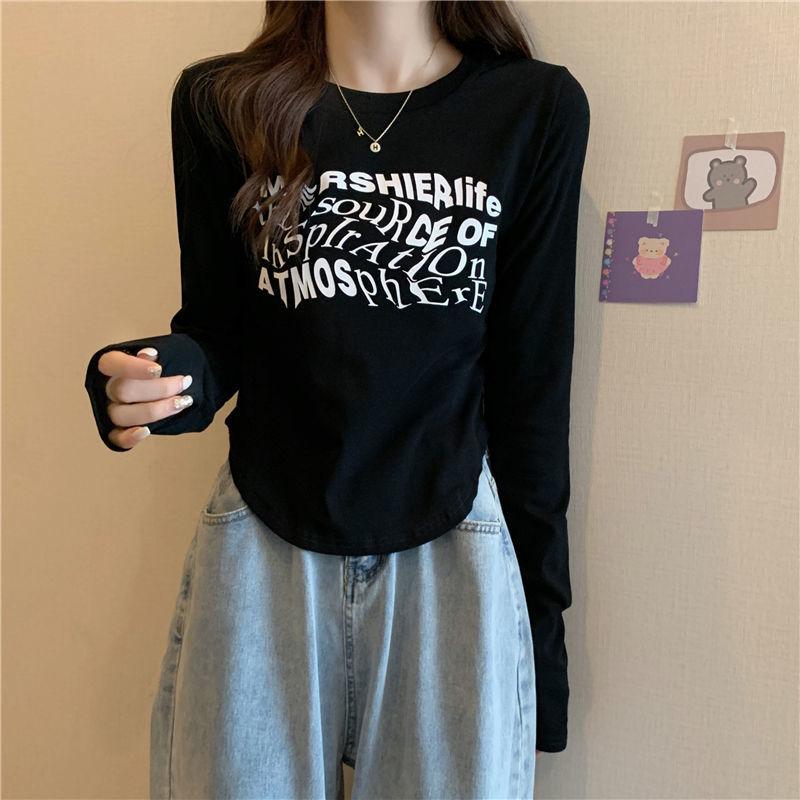 

Irregular Slim-fit Bottom Shirt Short Cotton Shoulder Printed Long Sleeve T-Shirt Women s Autumn Top XL чёрный