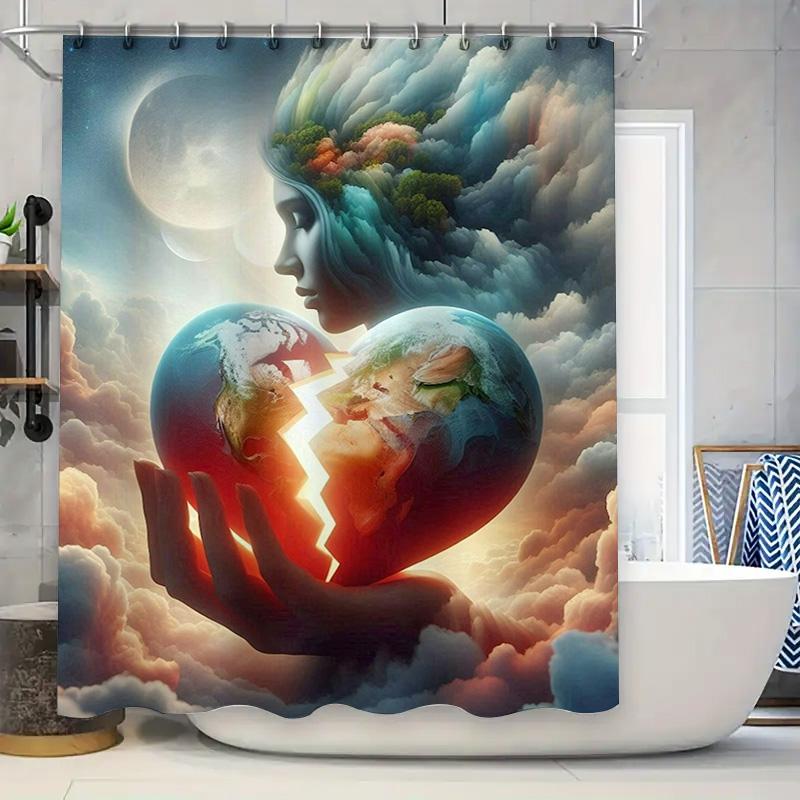 Surreal Earth Heart Shower Curtain - Waterproof, Mildew-Resistant, Machine Washable For Dreamy Bathroom Decor