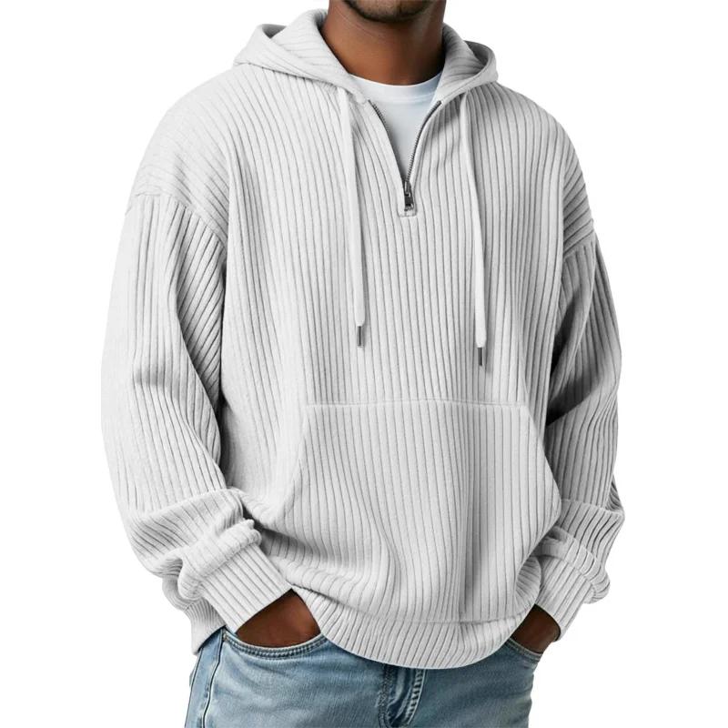 Men's Ribbed Knit Half-Zip Hoodie Casual Oversized Pullover Sweatshirt with Kangaroo Pocket