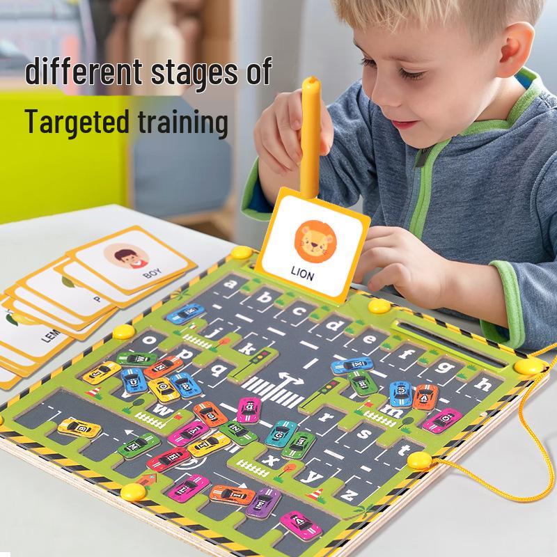 Kids' Wooden Train Garage Magnetic Maze Bead Game - Pen Control & Counting Board Educational Toy