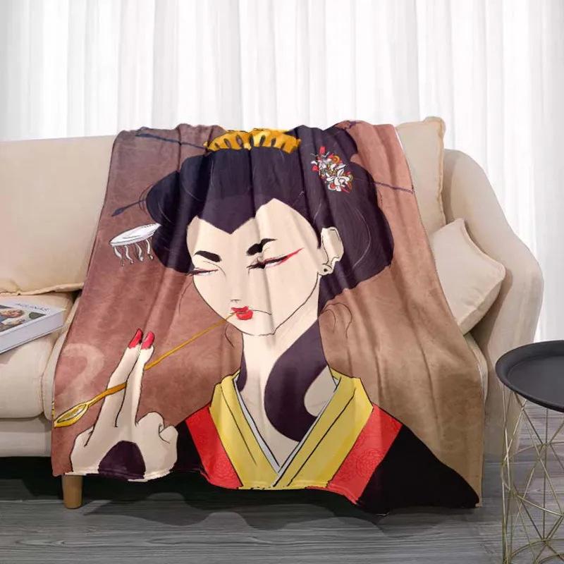 Japanese Geisha Printed Blanket for Sofa Bed Travel Camping Living Room Office Conditioning Blanket for All Seasons Gifts