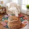 Orange cat with floral pattern Flannel-printed round floor mats are slip-resistant Suitable living room terrace garden carpets