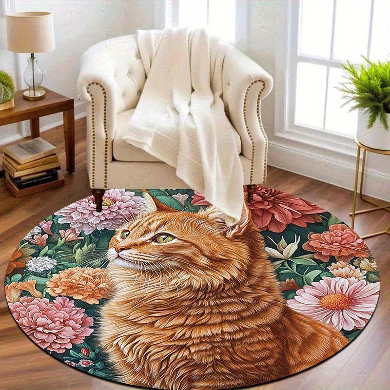 Orange cat with floral pattern Flannel-printed round floor mats are slip-resistant Suitable living room terrace garden carpets