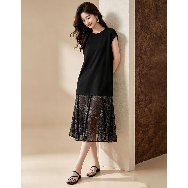 D.F.DEAR Women's Summer Black Mesh Patchwork Sleeveless Midi Dress
