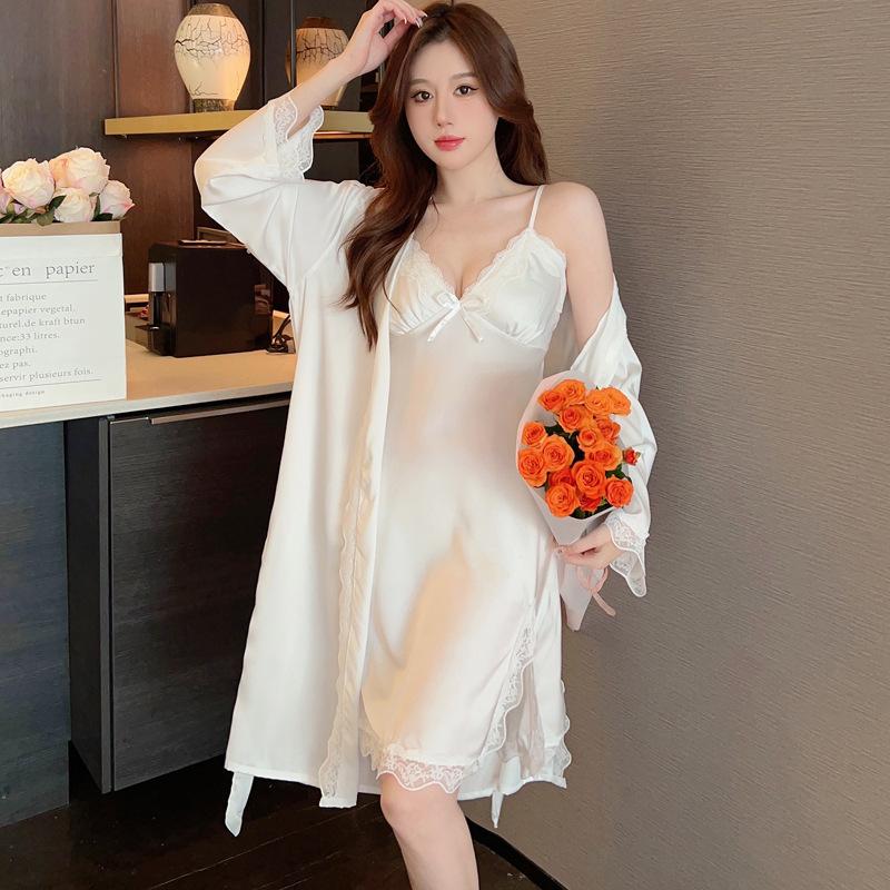 Women's spring summer ice silk suspender nightdress lace lace sexy pajamas two-piece set thin loose loungewear