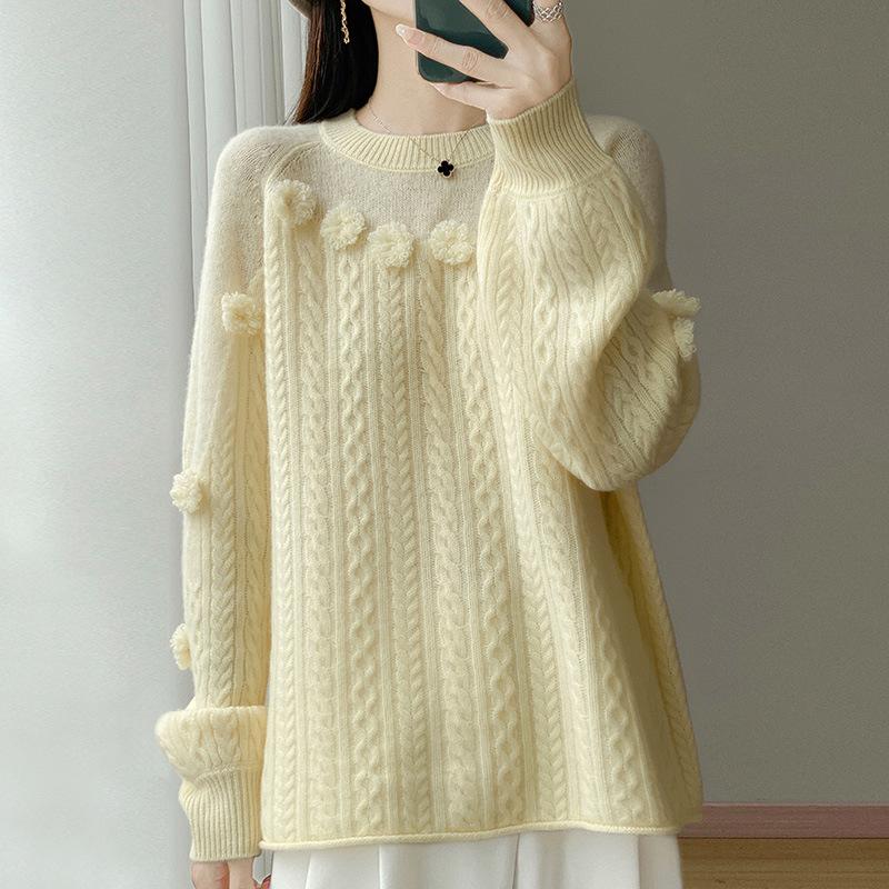New Soft Waxy Wool Sweater Lazy Wind Knitted Crew Neck Sweater Thin Top Three-Dimensional Jacquard Hollow Wool Sweater Women