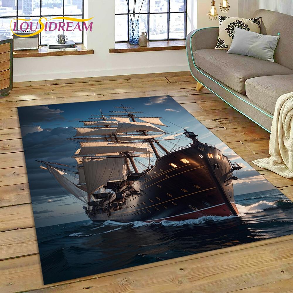 Antikes Piratenschiff Boot, Barke, Segelboot Teppich für Wohnzimmer Schlafzimmer Dekoration, Bodenteppich Rutschfeste Dekoration für Sofa Fußmatte