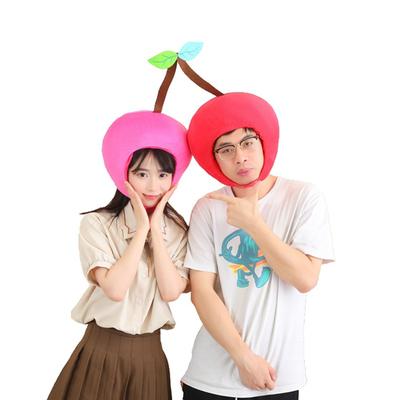 Halloween Cherry Pink Hat Headgear Plush Fruit Head Cover for Masquerade Halloween Plush Cartoon Hat Headgear