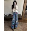 Autumn Korean cartoon sticker jeans women's loose and thin high waist drape floor-mopping wide-leg pants versatile ins tide