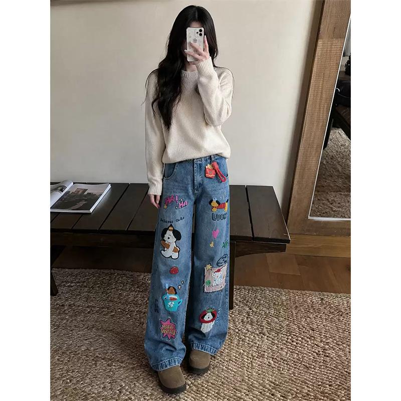 Autumn Korean cartoon sticker jeans women's loose and thin high waist drape floor-mopping wide-leg pants versatile ins tide