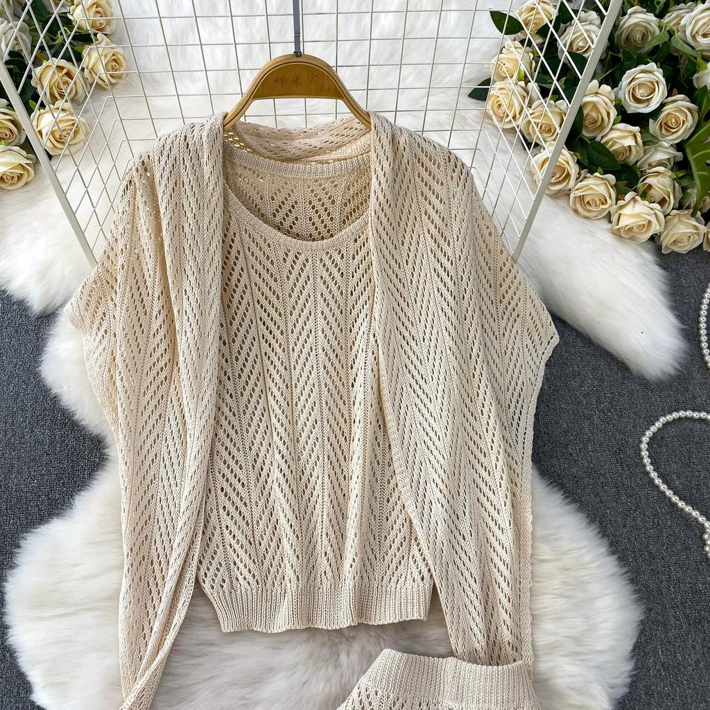 Summer Women Casual Perspective Knitted Sweater 3 Piece Set Sleeve Pullover Top Shawl and Long Midi Sheath Skirt Suit