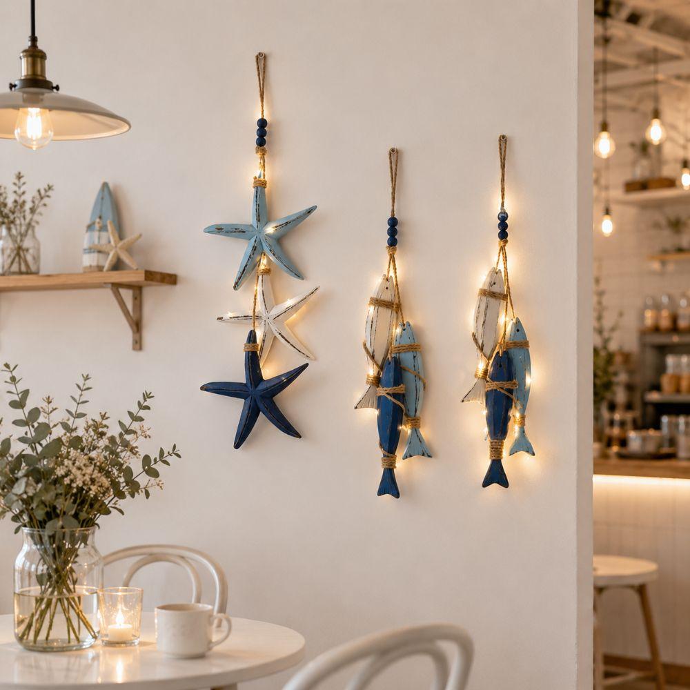 Hanging Lighted Wooden Fish Wall Decor Mediterranean Decorative Starfish  Restaurant Wall Art