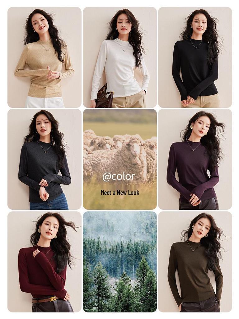 Women’s Tencel Wool Long Sleeve Stand Collar T-Shirt, Spring 2026, Thin White Base Layer, Set-in Shoulders