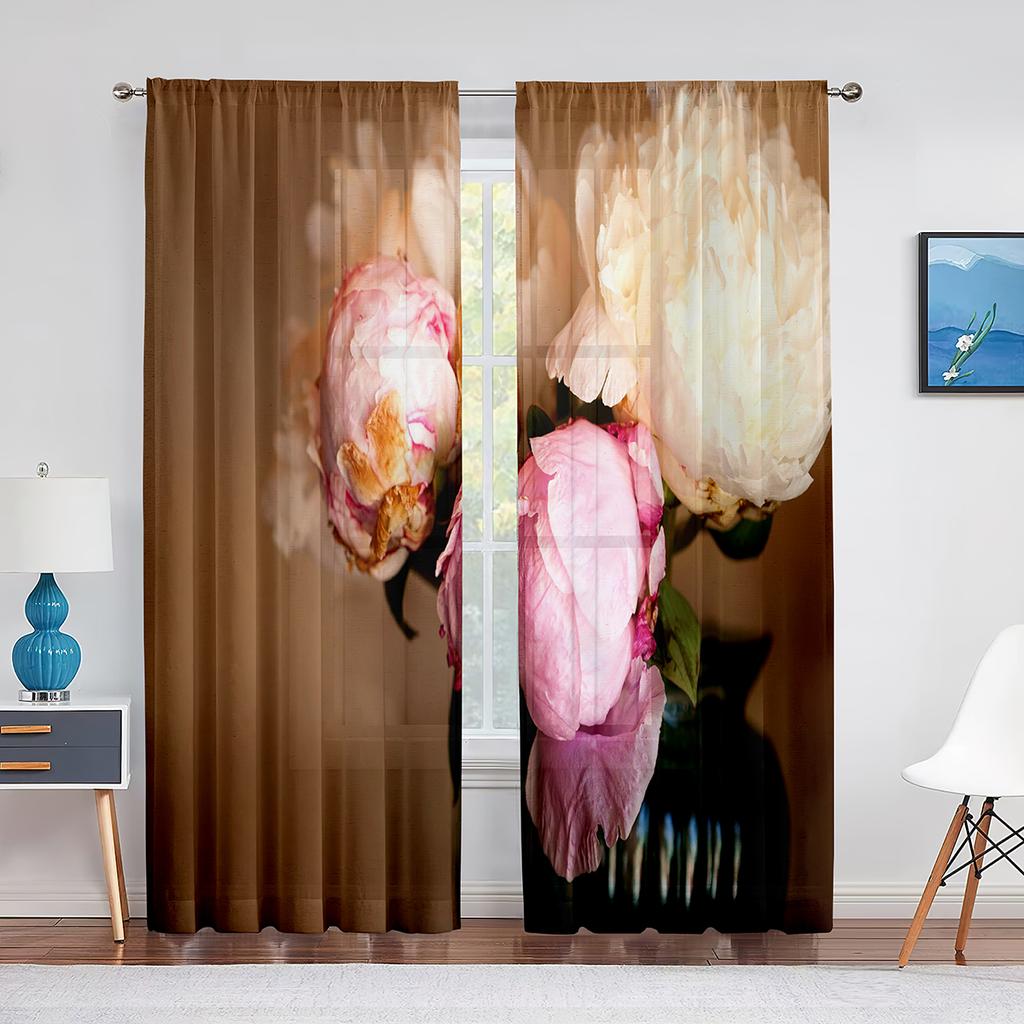 Różowe Piwonie Kwiatowe Wiosenne Akwarelowe Przezroczyste Woalowe Zasłony do Salonu Sypialni Kuchni Zasłony Okienne Szyfonowe Tiulowe Zasłony