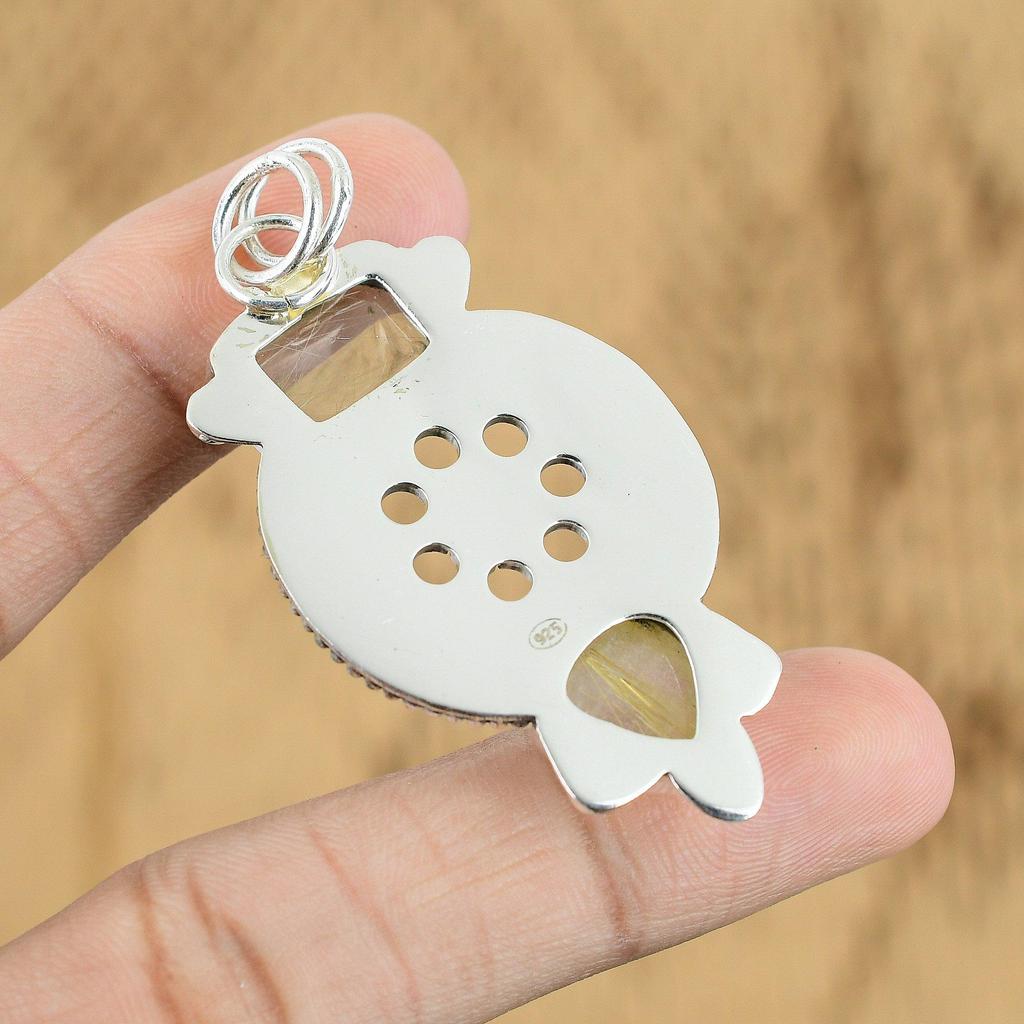 Womens day Deal Natural Golden Rutile Engagement Trendy Pendant Sterling Silver