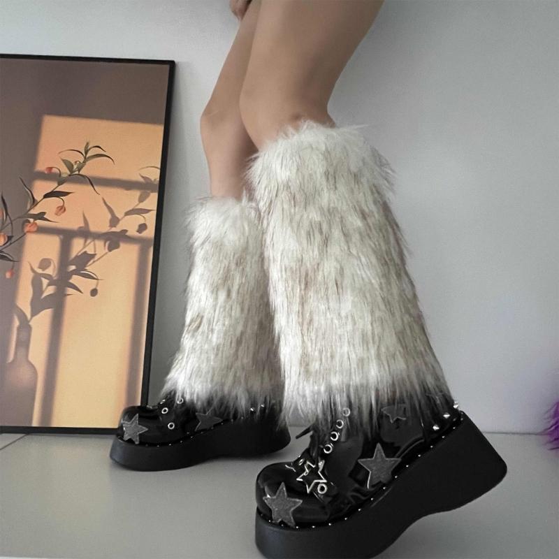 Fuzzy Faux Furs Leg Warmers Furs Heels Long Boots Cuffs Cover Has Elastic One Pair Carnivals Boot Cover Y2K JK Uniform