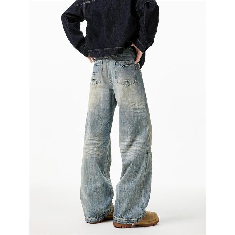 American high street washed cracked jeans men's and women's spring new retro old straight versatile casual pants