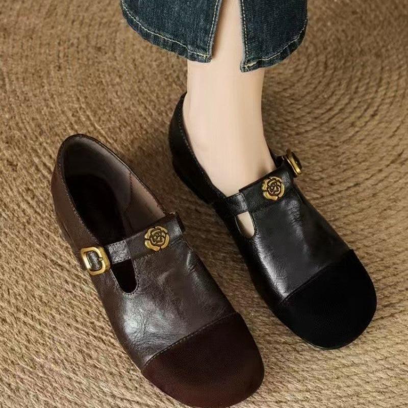 Fashion Women's Genuine  Mary Jane Flats, Contrast-Stitching Suede Cap Toe Gold Tone Buckle Ankle T-Strap Low Heel Hot Sale 2025