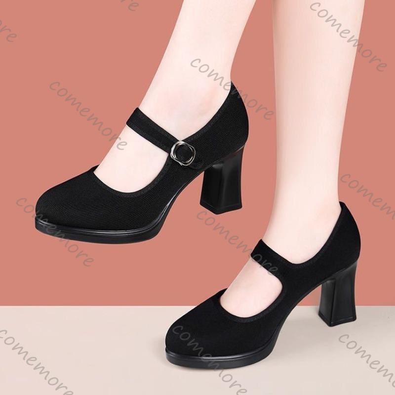 Comemore Women High Heels Shoes 2025 Spring Autumn Black Suede Pumps Casual Buckle Strap Dress Round Toe Heels for Women