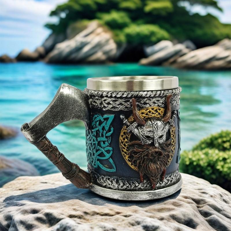 Medieval Pirate Drinking Cup With Ergonomic Axes Handle And Decorative Carvings Beer Mug For Beverage Enthusiasts Gift