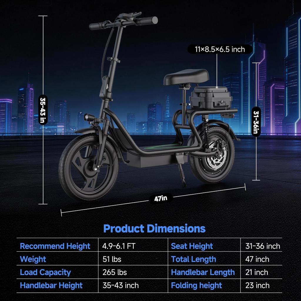 AOVOPRO ESBSXLX Dual Suspension 500W 14 Inch Commuter Electric Scooter 10.4Ah with Seat & Carry Box for Adult-Up To 27 Miles