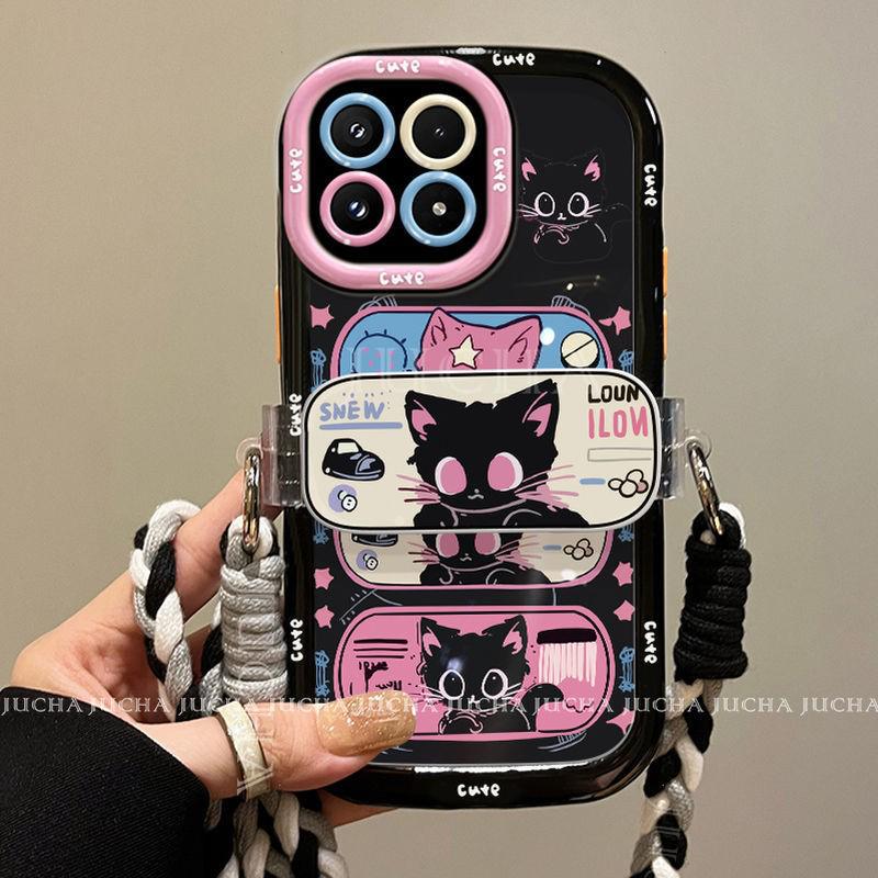 High-End Xiaomi 17 Pro Max Case: Full Coverage Black & Pink Cat Design with Lanyard