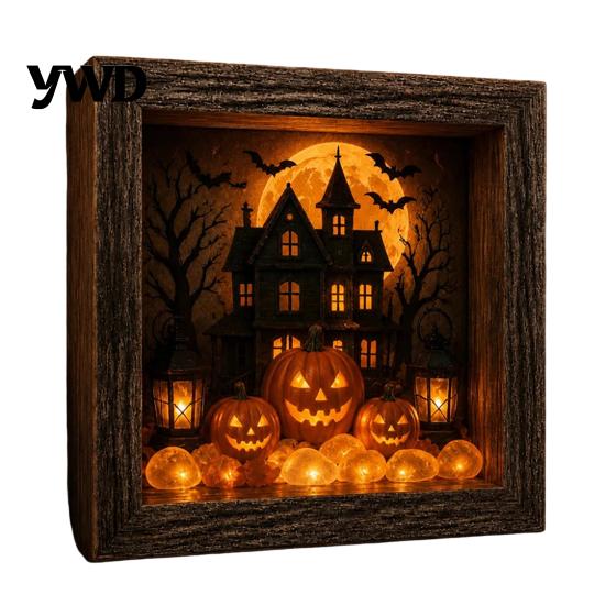 Gothic Bedroom Decor DIY Lighted Halloween Ghost Shadow Box Kit, Wooden Frame LED Warm Light, Style Interior Lighting Memory with Crystal Glass Panel,