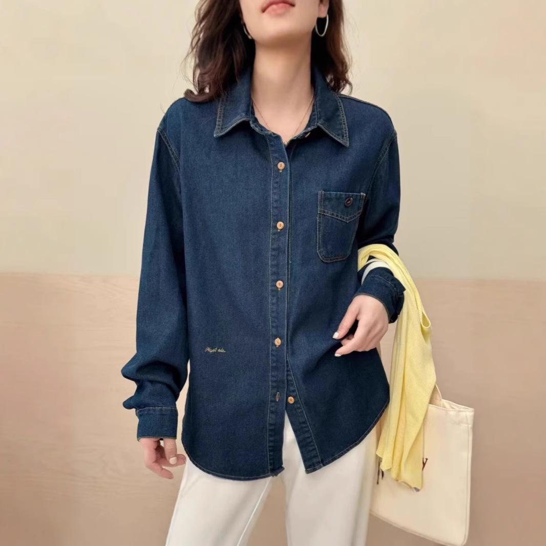 

Women s Retro Denim Lapel Shirt - 2025 Spring Casual, Loose, Long Sleeve, Single-Breasted Top Large