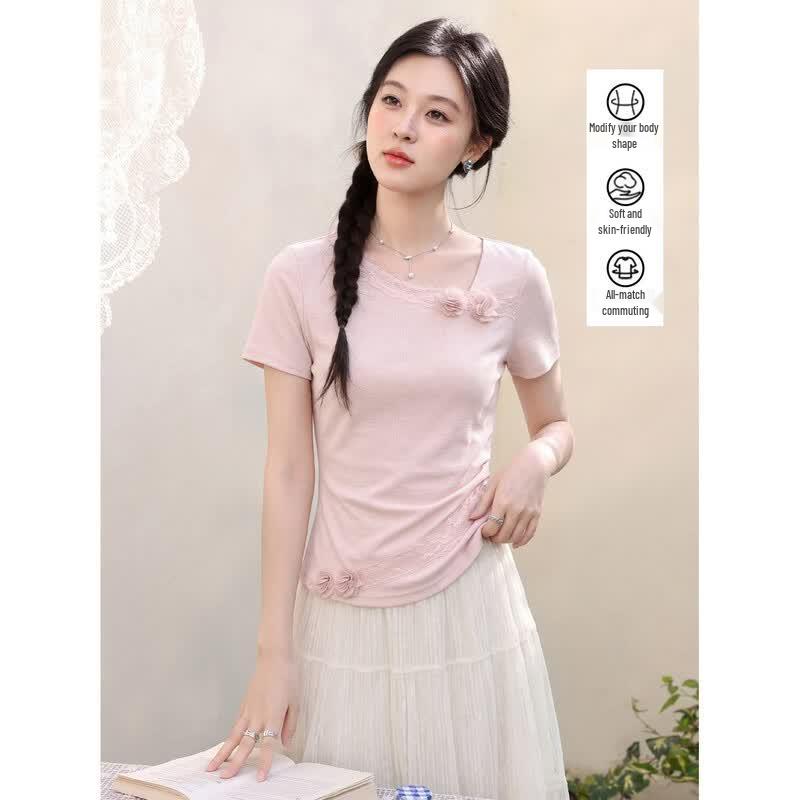 Luxiangnan Women s Lace Patchwork Pink Oblique Collar T-shirt S
