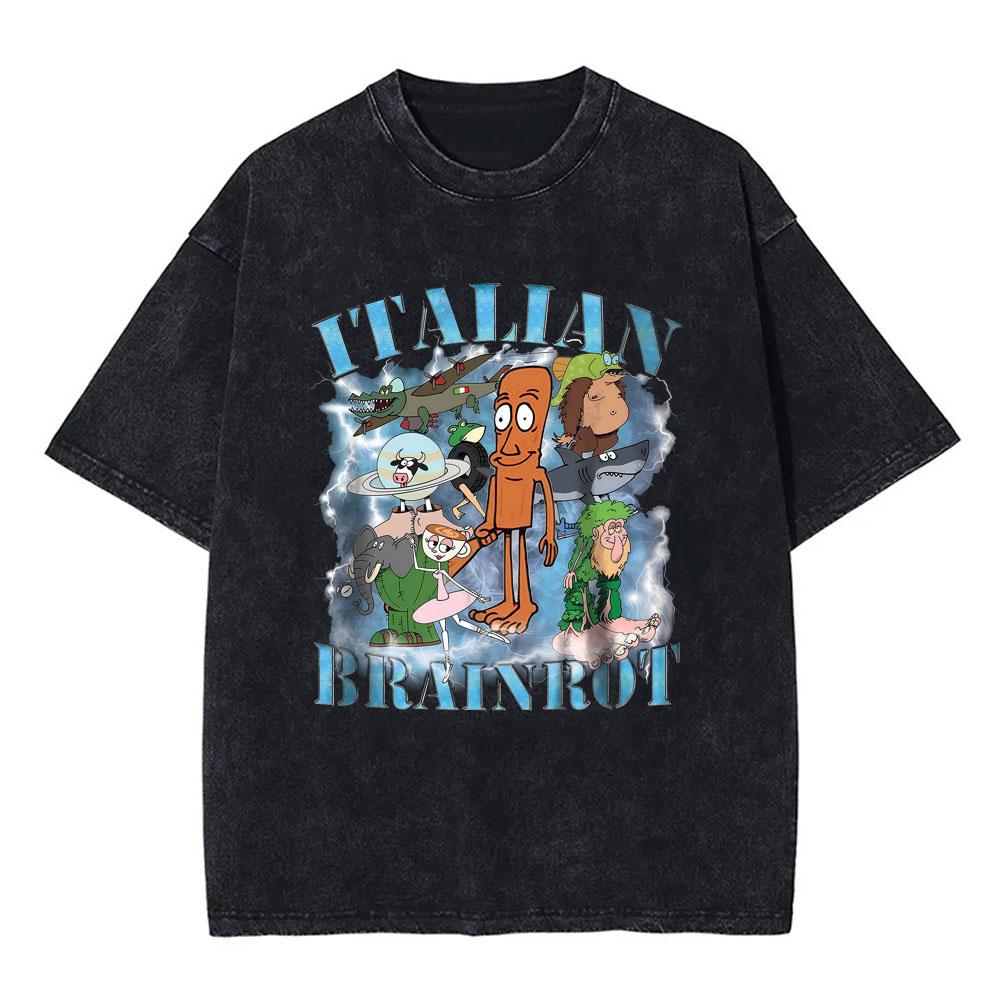 Italian Brainrot Bombardiro Crocodilo Vintage Washed Tshirts Crocodile Plane Bomber Funny Meme Tshirt Man Fashion Streetwear