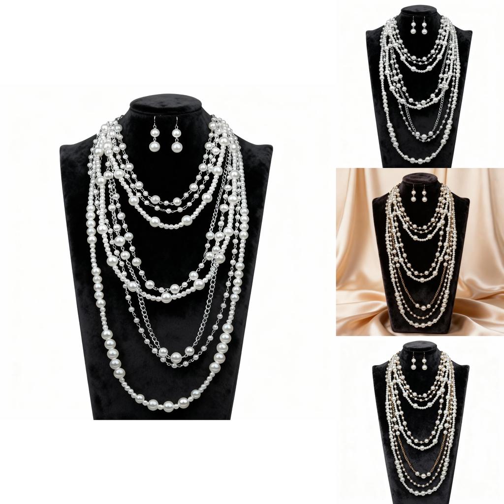 European Style Multilayer Pearl Necklace And Earring Set With Geometric Pendant For Women