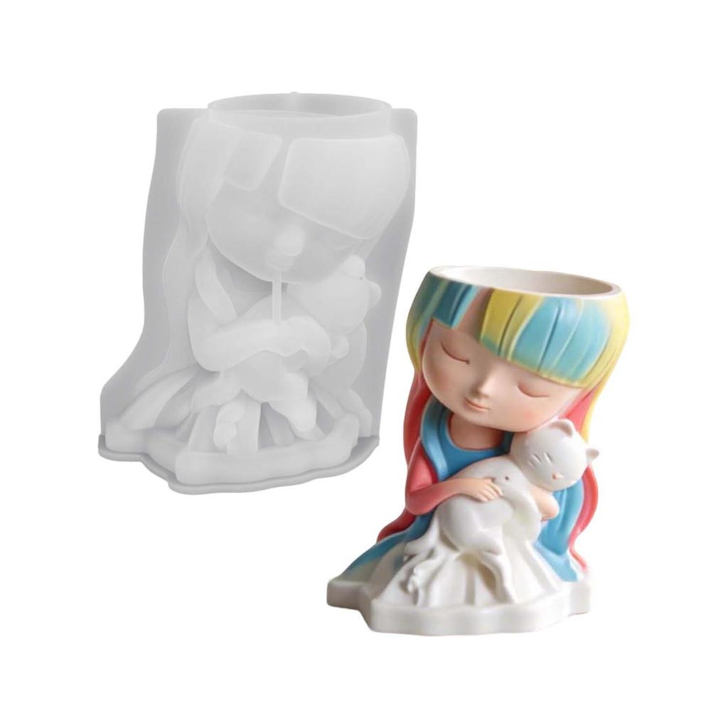Cute Cat Hugging Girl Flower Pot 3D Silicone Mold for DIY Handmade Crafts Epoxy Resin Candle Plaster Crystal Making Home Decor