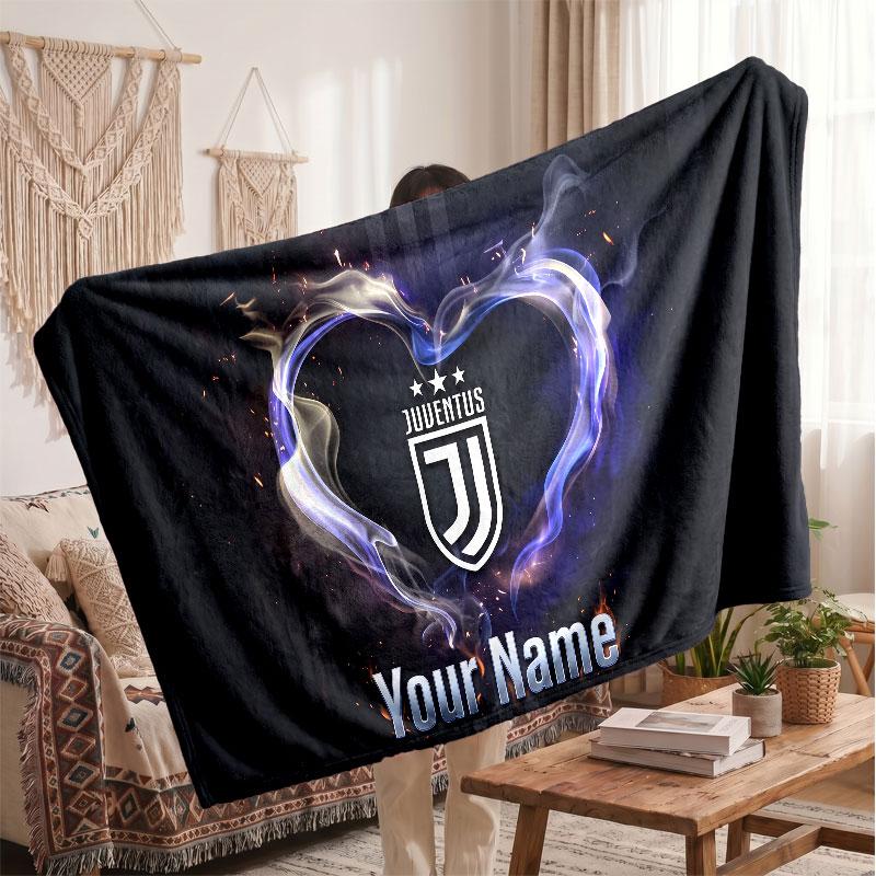 Juventus FC Personalized Fleece Blanket With Football Logo, Custom Name Text Soft Warm Home Throw Blanket