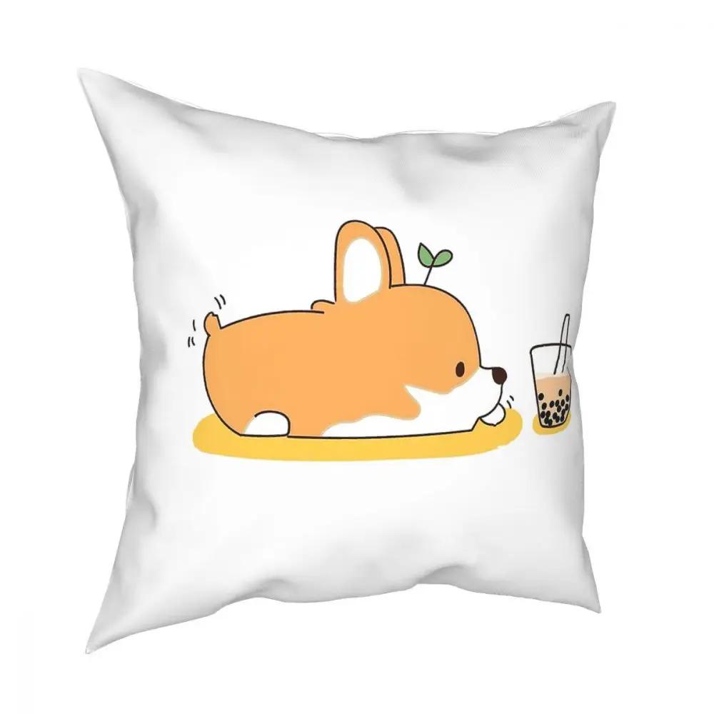Corgi And Bubble Tea Throw Pillow Cover Cushions for Sofa Cute Dog Kawaii Vintage Cushion Covers