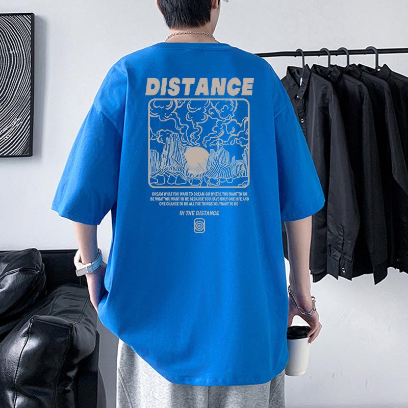 Distance Pattern Men's Oversized Drop Shoulder T-Shirt 100% Cotton Streetwear Tee