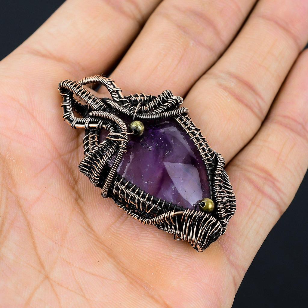Beautiful Amethyst Gemstone Copper Wire Wrap Handmade Pendant Jewelry For Gift