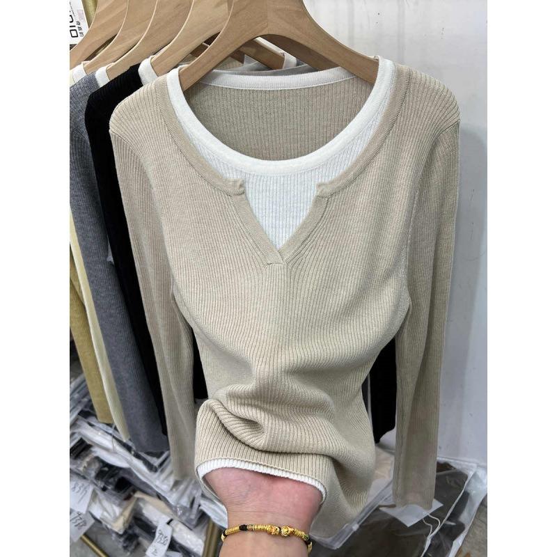 Fake Two-piece Neck Knitted Bottoming Shirt Women's Spring New Contrasting Color Soft Waxy Inner Top Sweater