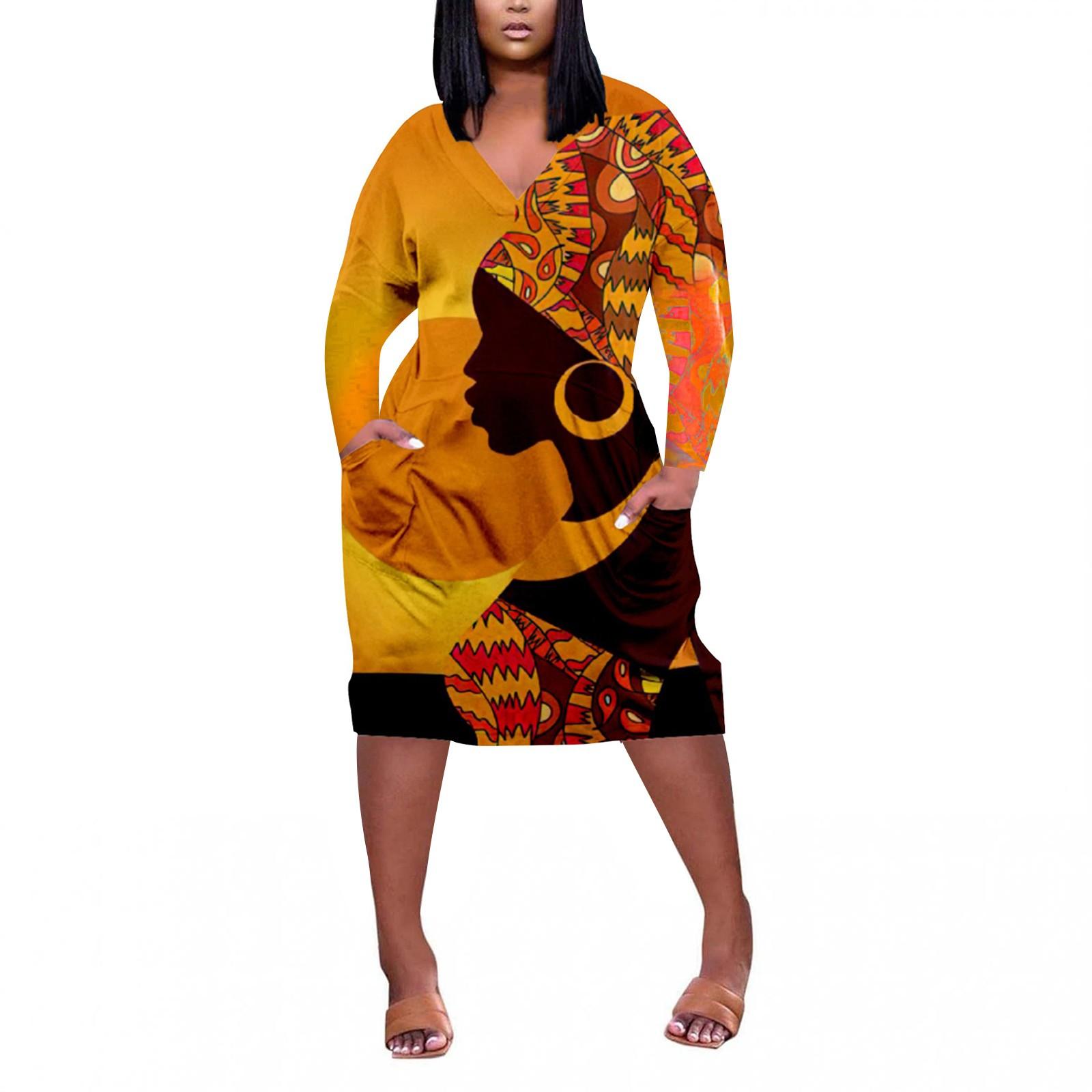 

Women s Summer Plus Size V Neck Long Sleeve Knee Pocket Casual Dress XXXXL помаранчевий