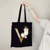 Gold Letter Flower Canvas Bag Women's Shopping Bag Reusable Large Capacity Portable Handbag Harajuku Student Shoulder Bag