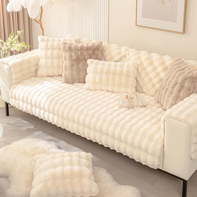 Cojín de sofá de felpa de conejo de burbujas, cojín antideslizante de invierno, funda de sofá de cuero ligera, gruesa, Simple, de alta gama